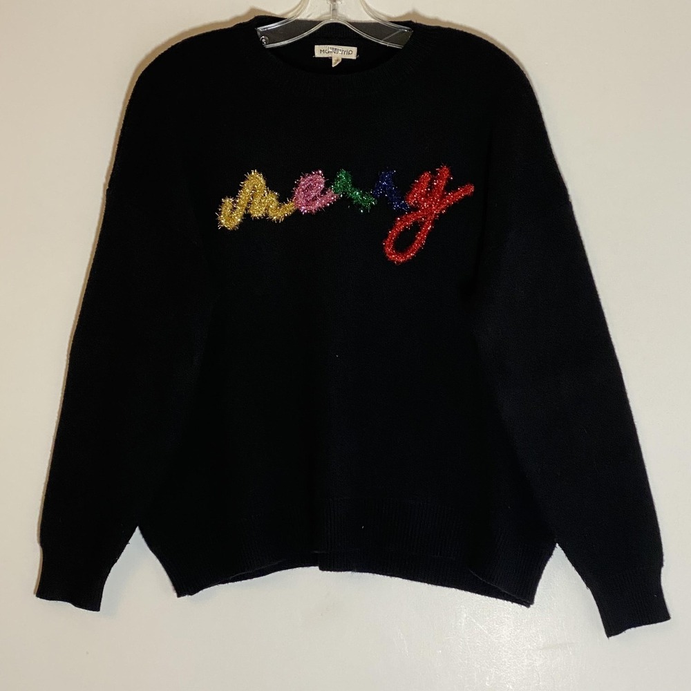 Maintstrip Sweater Womens 1XL Black Merry Christmas Ugly Shiney Pullover Garland